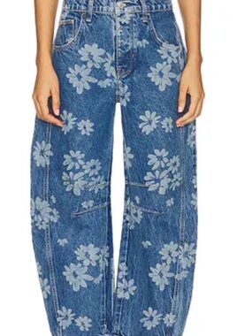 We the free good luck printed barrel jeans mid rise